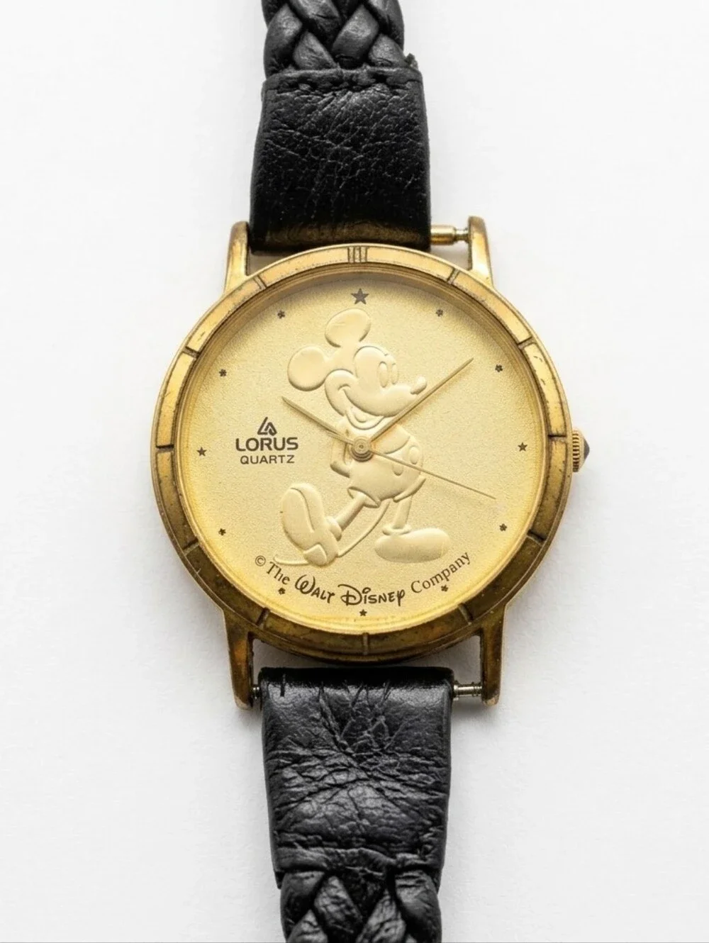 Vintage Disney Mickey Mouse Lorus Quartz Watch Black Braided Leather‎ Band Gold